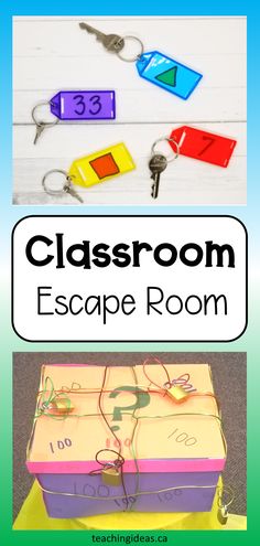 A set of 4 keys and colourful key chains and a box locked  with 4 locks. 3rd Grade Escape Room, Classroom Escape Room Elementary, Escape Room Elementary School, Classroom Escape Room, Escape Room Classroom, Science Escape Room, Mystery Activities, Stem Escape Room, Math Escape Room