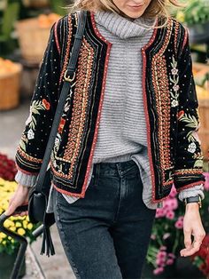 Fashion Long Sleeve Embroidery Short Blazer – Nayachic Fall Embroidered Long Sleeve Cardigan, Winter Floral Embroidery Long Sleeve Cardigan, Trendy Embroidered Fall Cardigan, Long Sleeve Outerwear With Floral Embroidery For Fall, Fall Outerwear With Multicolor Geometric Embroidery, Fall Multicolor Geometric Embroidered Outerwear, Casual Embroidered Long Sleeve Blazer, Fitted Outerwear With Geometric Embroidery For Fall, Casual Fall Outerwear With Geometric Embroidery