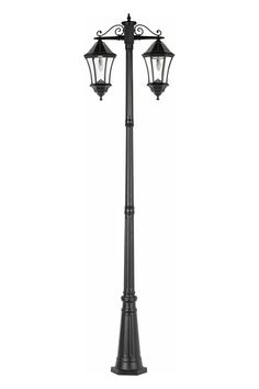 a black lamp post with two lights on top and one light attached to it's side