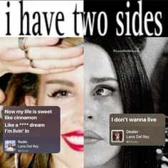 two pictures with one woman holding her hand up and the other has an ad for i have two sides