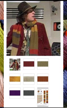 an image of a man wearing a hat and scarf with different colors of yarn on it