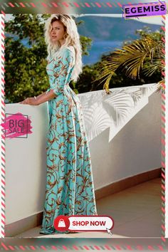 Printed Slim V-neck Long Dress Long Dress, V Neck