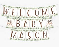 welcome baby mason banner with deers and greenery in brown, white or green