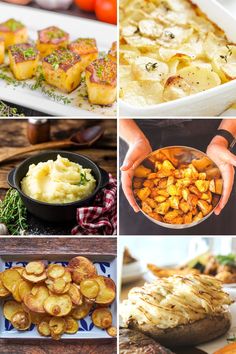 A collage of different hot potato side dishes - fondant potatoes, scalloped potatoes, mashed potatoes, roasted potatoes, fried potatoes and a twice baked potato. Potato Side Dish, Hot Potato, Potato Sides, Potato Side Dishes, Side Dish, Sweet Potato, Side Dishes, Potato, Siding