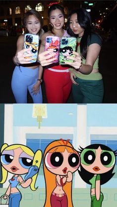 three girls holding up cell phones in front of their faces and the same cartoon character