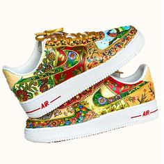 Our custom Mughal Art Pakistan Nike Af1's are the show stopper for any outfit. They will turn some heads and start some conversations!  Each pair is made to order and can be customized to your preference with a specific design/color scheme, custom text etc. Feel free to reach out and we will work with you to craft a pair that is unique to you! Customization can include any idea/color/text/design/reference you may have, or you can leave it up to us! Each pair is carefully hand painted and thoroughly sealed making them waterproof. For Care: Please keep your customs away from excessive water-Use a soft damp cloth to clean if needed. Please avoid rubbing shoes against sharp surfaces Lead time is between 3-4 weeks. Please reach out with any questions you may have and Umer and I will be happy to Nike Af1 Custom, Sneaker Gift Ideas, Handpainted Shoes, Af1 Custom, Custom Af1, Custom Painted Shoes, Mughal Art, Boho Shoes, Color Text