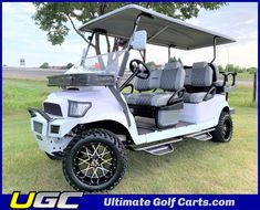 a white golf cart parked in the grass