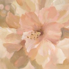 an oil painting of pink flowers on a white and beige background with light green leaves