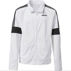 Enjoy Light Coverage In The Adidas Boys' Event Jacket. Crafted With 100% Polyester Material, This Jacket Provides A Comfortable Feel All Day Long, While The Adidas Brandmark And 3-Stripes Design Deliver A Stylish Touch To Your Outfit. Full-Zip Closure. Welt Pockets. Full-Zip Closure Long Raglan Sleeves With Colorblock Piecings 100% Polyester Material Provides Comfort Welt Pockets Fitted Machine Washable Mock Neck Adidas Brandmark And A 3-Stripes Design For Style M (10/12) Adidas White Track Jacket For Winter, White Adidas Track Jacket For Winter, Adidas White Winter Track Jacket, White Outerwear With Ribbed Cuffs For Fall, White Ribbed Cuffs Fall Outerwear, Adidas Casual White Track Jacket, Adidas White Track Jacket For Fall, Casual White Adidas Track Jacket, White Long Sleeve Sports Outerwear