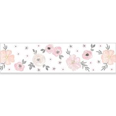 a wallpaper border with pink flowers and green leaves on it, in front of a white background