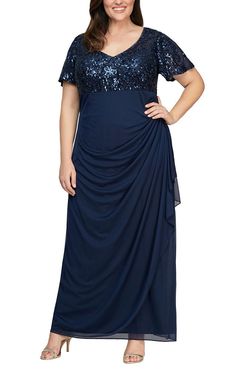 Plus Empire Waist Dress with Embroidered Sequin Bodice & Flutter Sleeves Plus Size Long Gown, Mock Dress, Empire Waist Gown, Alex Evenings, Empire Waist Dress, Empire Dress, Review Dresses, Long Sleeve Short Dress, A Line Gown