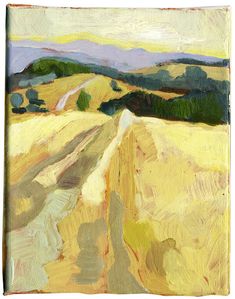 an oil painting of a wheat field with hills in the distance and trees on either side