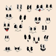 cartoon faces with different expressions for each character, including eyes and mouth shapes to make them look like they are smiling