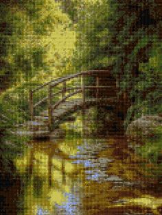 a painting of a bridge over a stream in the woods with trees and bushes surrounding it