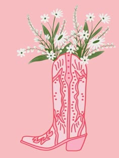 a pink and white cowboy boot with daisies in it on a pink background,