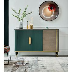 a green and gold sideboard in a living room with a round mirror on the wall