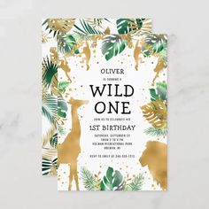 an animal themed birthday party with gold foil and greenery on the front, white marble background