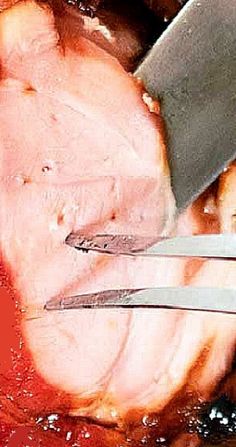 the meat is being cut into pieces with two knifes in it's center