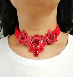 "Delicate soutache choker necklace in flaming red with Swarovski crystals and Czech glass beads, backside covered with faux leather, closure with three buttons. Handmade, sparkle piece for any occasion or romantic jewelry gift for women. Necklace length - 39.0 cm (15.35 inch) Widest part - 6.0 cm (2.36 inch) Looking for a gift for loved ones? It is an ideal gift for a woman who likes originality. My passion is to make a woman feel and look unique every day. I think, that handmade jewelry and acc Soutache Bracelet, Soutache Pendant, Choker Handmade, Soutache Necklace, Romantic Jewelry, Romantic Jewellery, Soutache Earrings, Soutache Jewelry, Yellow Earrings