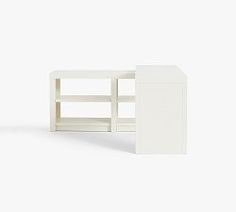 a white shelf with two open shelves next to each other on a white background,