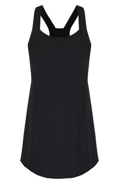 This sporty dress features sweat-wicking Power Pro fabric so you perform at your best, while the built-in shorts with drop-in pockets keep you feeling secure. 32" length; 4" inseam; 18" leg opening (size Medium) Scoop neck Racerback Built-in bra with removable cups Interior brief with side drop-in pockets 62% polyamide, 38% elastane Lined Machine wash, dry flat Imported Sporty Tennis Dress With Built-in Bra For Gym, Black Tennis Dress With Built-in Bra, Black Sleeveless Tennis Dress With Built-in Bra, Sporty Racerback Activewear With Built-in Cups, Sleeveless Activewear With Built-in Cups For Sports, Athleisure Tennis Dress With Built-in Shorts, Workout Tennis Dress With Built-in Bra And Racerback, Sleeveless Tennis Dress With Built-in Bra, Sleeveless Activewear With Built-in Cups For Gym