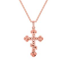 Have your true faith shine out with this handcrafted solid Orthodox Cross Pendant Necklace! This is truly for the faithful and exhibits a modern religious jewelry design look. Product Information Metal and Weight: 10k - 5 g. (approx.) | 14k - 5.1 g. (approx.) Dimensions: 43 mm x 23 mm SKU: C3322A Spiritual Rose Gold Cross Pendant Jewelry, Engraved Rose Gold Cross Jewelry, Rose Gold Cross Hallmarked Jewelry, Gold Boutique, Orthodox Cross, True Faith, Gold Cross Necklace, Men's Necklace, Cross Pendant Necklace