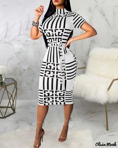 Color: white, Size: M Burgundy Party Dress, Mandarin Collar Dress, White Fashion Casual, White Bodycon Dress, White Turtleneck, Dress Sleeve Styles, Womens Turtleneck, Dress With Belt, Hip Dress