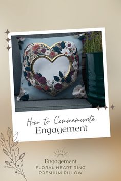 Image of a Floral Heart Ring Engagement Premium Pillow. The design showcases a heart-shaped ring surrounded by beautiful flowers, representing the love and celebration of an engagement. The premium pillow adds elegance and serves as a cherished keepsake. Sparkling with joy and romance.