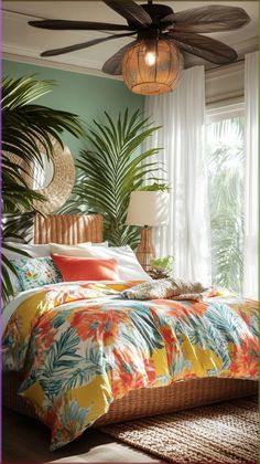 a bedroom with a bed, ceiling fan and palm trees in the window sill