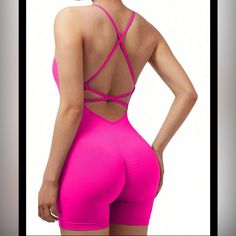 Jumpsuit Size Medium Women New Hot Pink One Piece Yoga Scrunch Shorts New In Package Backless Athleisure Activewear For Workout, Summer Backless Sports Activewear, Backless Summer Sports Activewear, Backless Summer Activewear For Gym, Summer Backless Activewear For Gym, Backless Summer Activewear For Sports, Summer Backless Gym Activewear, Backless Summer Gym Activewear, Fitted Backless Summer Activewear