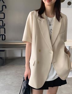 Size (CM) Dress Length Chest Sleeve S 67 106 27.5 M 68 110 28 L 69 114 28.5 Model is 158cm 45kg wears size S Cheap Short Sleeve Office Blazer, Short Sleevee Blazers For Women, Short Sleeve Linen Blazer, Short Sleeve Blazer Outfit, Summer Office Casual, Jacket Over Dress, Blazer Short Sleeve, Black Jacket Outfit, Short Sleeve Coat