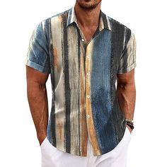 Category:Shirt; Season:Summer; Fabric:18.6% Linen Fabric  18.2% Regenerated Fibre; Sleeve Length:Short Sleeve; Look After Me:Hand wash; Gender:Men's; Style:Print; Elasticity:Inelastic; Tops Type:Shirt,Linen Shirt,Ethnic Shirt; Occasion:Outdoor,Daily,Formal; Pattern:Striped,Tribal; Neckline:Turndown; Brand:OUKU; Listing Date:06/05/2024; Bust:null; Length:null; Shoulder Width:null; Fit US Size:null; Fit UK Size:null; Fit EU Size:null; Sleeve Length:null Summer Cotton V-neck Shirt, Fitted V-neck Shirt For The Beach, Fitted V-neck Shirt For Beach, Casual V-neck Hawaiian Shirt For Spring, Blue Cotton Short Sleeve Shirt For Summer, Summer Printed Collared Tops, Summer Collared Printed Tops, Summer Beach Button-up Shirt, Printed V-neck Hawaiian Shirt For Summer