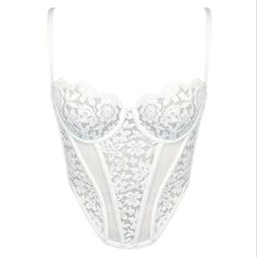 Our new Frisson Corset is crafted from luxurious eyelash lace from recycled fibers. This cup-sized design incorporates flexible underwire and a boning structure, ensuring comfortable shaping. The corset is lined with fine yet rigid tulle for support. Adjustable corset straps at the back offer up to two sizes of adjustability. The adjusters and metal hardware are made of our signature nickel-free rose gold color. Body: 70% Recycled Nylon, 30% Nylon Trim: 100% Nylon  We recommend hand-wash cold with like colors for underwire styles to preserve the fit and shape. Do not bleach or iron. Lay flat or hang to dry. White Eyelashes, Corset Bra, Bleached Denim, Stocking Fillers For Her, Black Bralette, Bra Shop, Mens Jewelry Bracelet, Fine Earrings, Fashion Today