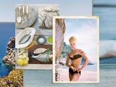 there is a collage with pictures of women in bikinis and food on the beach