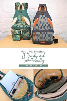 two backpacks sitting on top of each other with the words petra teal sling bag