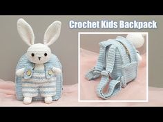 a crocheted backpack with a stuffed rabbit inside it and the back side of the bag