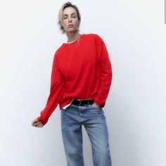 Long Sleeve T-Shirt 100% Cotton Size M Color Red Round Neck New Smoke/Pet Free Apartment Trendy Red Crew Neck Sweatshirt, Red Trendy Sweater With Relaxed Fit, Trendy Red Sweater With Relaxed Fit, Red Relaxed Fit Sweater, Red Crew Neck Trendy Tops, Trendy Red Crew Neck Top, Casual Red Sweater, Casual Crew Neck Sweatshirt By Zara, Zara Red Long Sleeve Sweater