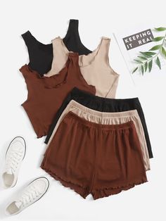 Tank Outfit, Lazy Outfits, Three Piece Suit, Collar Designs, Elastic Waist Shorts, Sleeveless Vest, Two Piece Outfit, Sleeveless Tank Top, Comfy Outfits