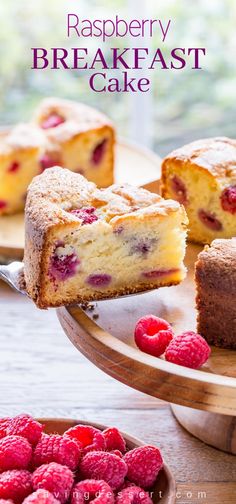 raspberry breakfast cake on a plate with fresh raspberries