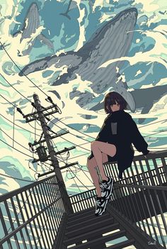 a woman sitting on top of a metal railing next to a sky filled with clouds