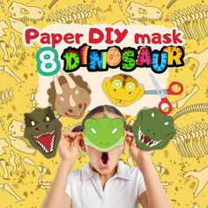 a young boy is holding up masks to his face with the words paper diy mask 8 dinosaurs