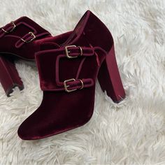 Preowned Condition Size 5 Burgundy Color Gold Hardware Suede Block Heels 2381 Elegant Closed Toe Booties With Buckle Closure, Chic Ankle-high Booties For Formal Occasions, Burgundy Ankle Boot Heels For Formal Occasions, Formal High Heel Booties For Fall, Elegant Closed Toe Booties With Reinforced Heel, Formal Winter Booties With Block Heel, Elegant Burgundy Closed Toe Boots, Formal Closed Toe Booties With Reinforced Heel, Burgundy Closed Toe Boots For Formal Occasions