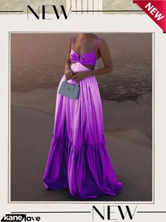 Summer Halter Gradient Backless Dress Summer Party Maxi Dress In Purple, Purple Party Dress For Beach Season, Purple Beach Season Party Dress, Cutout Dresses For Beach Season Parties, Summer Evening Maxi Dress With Cutout, Summer Evening Purple Maxi Dress, Purple Maxi Dress For Summer Evening, Chic Strapless Maxi Dress With Cutout, A-line Beach Season Party Dresses