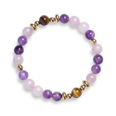 Handcrafted on a tension tested stretch cord with authentic Rose Quartz, Amethyst, and Tiger's Eye gemstones. Adjustable Purple Stretch Bracelet With Natural Stones, Adjustable Spiritual Purple Stretch Bracelet, Adjustable Amethyst Stretch Bracelet With Round Beads, Adjustable Amethyst Stretch Bracelet, Hand-strung Healing Stretch Bracelet, Healing Hand-strung Stretch Bracelet, Hand-strung Adjustable Amethyst Stretch Bracelet, Adjustable Hand-strung Amethyst Stretch Bracelet, Ancient Mesopotamia