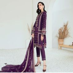 3 Piece Ready To Wear Embroidered Suit Brand New Suit. Material Cotton Chiffon It Has Embroidered Doppta And Trouser With It Elegant Purple Georgette Embroidered Fabric, Elegant Purple Embroidered Georgette Fabric, Elegant Purple Embroidered Fabric For Eid, Elegant Purple Salwar Kameez With Floral Embroidery, Elegant Purple Dabka Embroidered Fabric, Elegant Purple Fabric With Dabka Embroidery, Designer Embroidered Purple Lawn Suit, Purple Floral Embroidery Sets For Eid, Purple Unstitched Long Sleeve Suit With Floral Embroidery