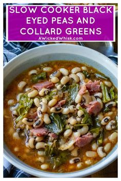 slow cooker black eyed peas and collard greens in a white bowl with text overlay