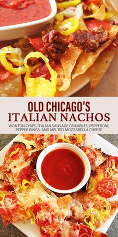 Italian Nachos Old Chicago Italian Nachos Recipe, Easy Restaurant Appetizers, Zios Italian Nachos Recipe, Italian Nachos Old Chicago, Fried Wonton Chips, Italian Nachos Recipe, Marinara Dipping Sauce, Italian Nachos, Italian Minestrone Soup