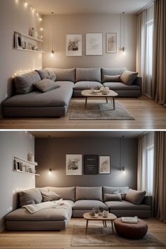 two pictures of a living room with couches and lights on the wall above them