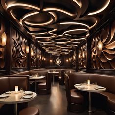 the interior of a fancy restaurant with round tables and brown leather booths on either side