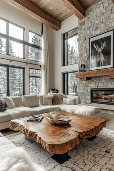 Rustic Luxury Home Decor, Modern Rustic Couch, Luxury Cabin Living Room, Rustic Modern Fireplace Ideas, All Wood Living Room, Mountain Modern Home Interiors Living Room, Dark And Light Wood Furniture Mixing, Interior Design Rustic Modern, Modern Lodge Living Room